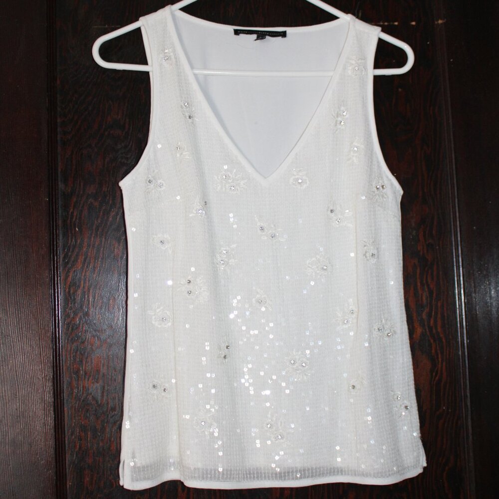 White House Black Market White Sequin Floral V-Neck Tank Top